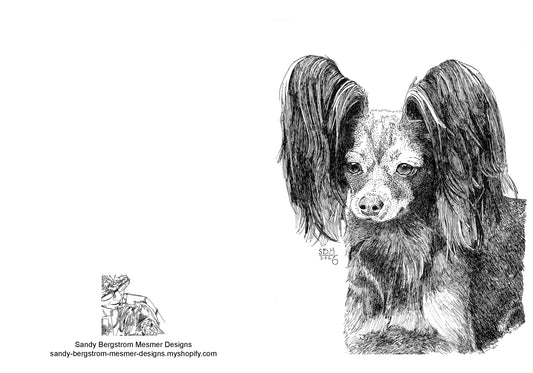 A greeting card with a pen and ink Headshot portrait of a Russian Toy